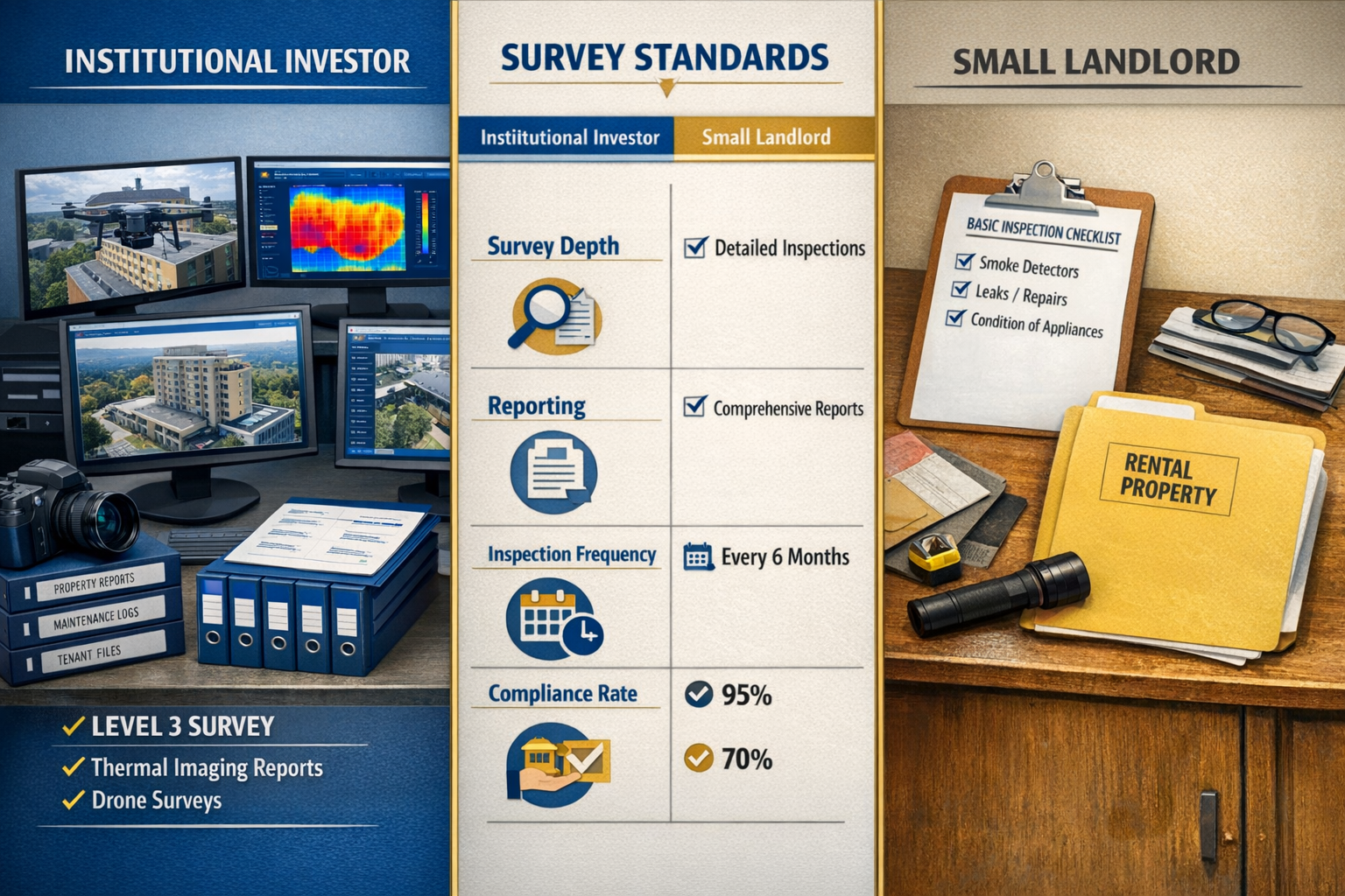 () editorial image showing detailed comparison infographic of survey standards between institutional and small landlords.