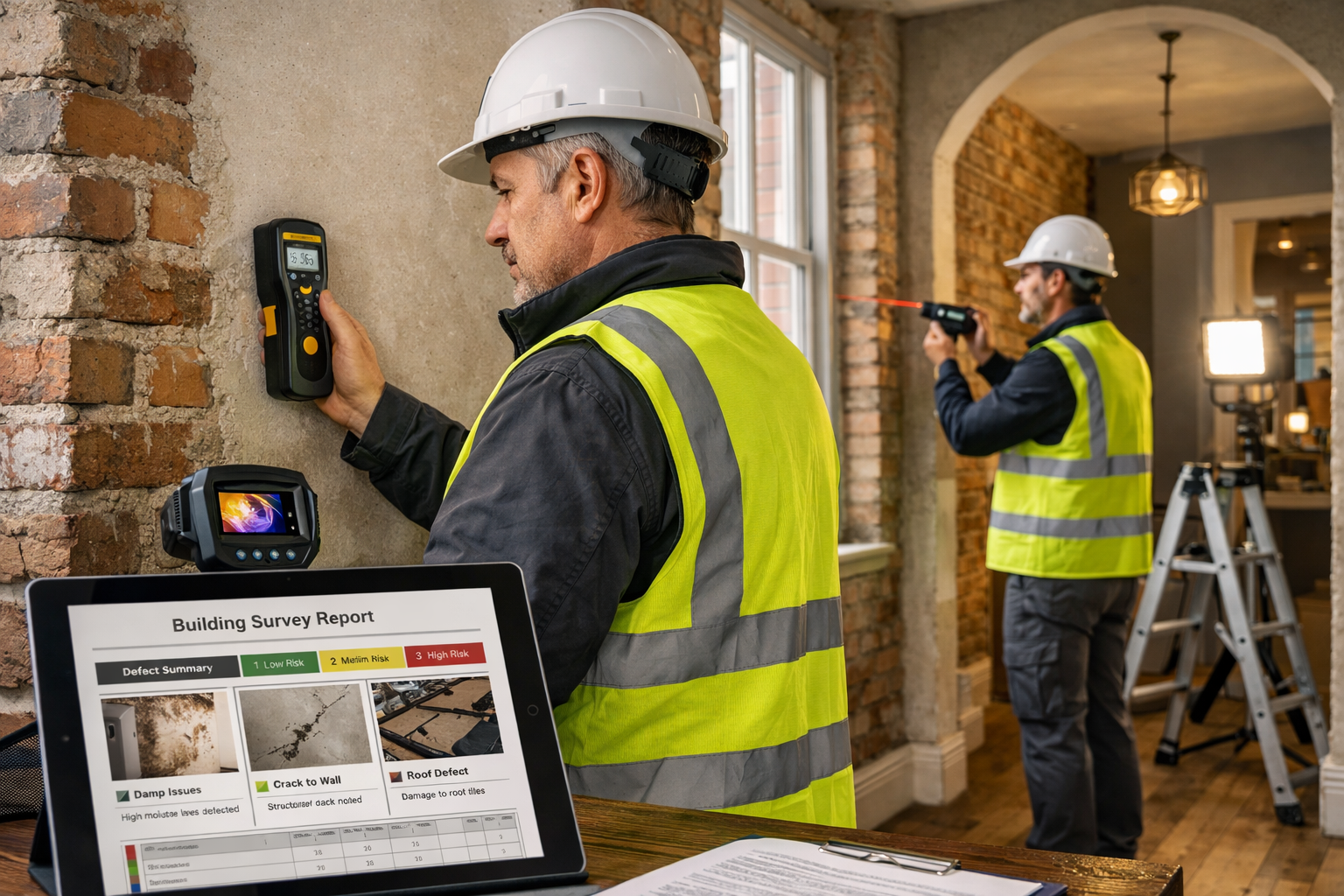 () detailed scene inside multi-story residential building during comprehensive building survey. Professional chartered