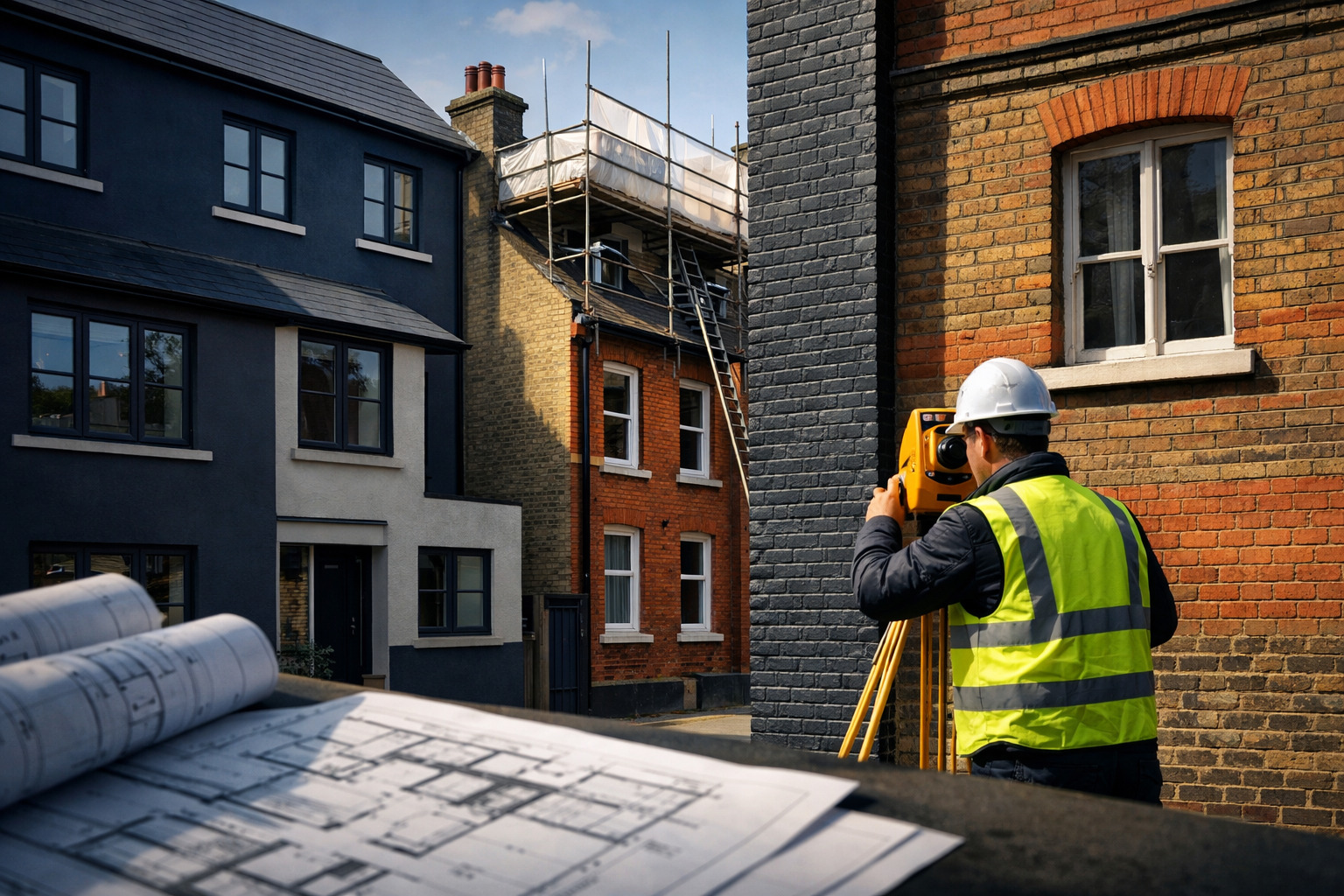 Professional landscape format (1536x1024) editorial hero image showing a row of modern British terraced houses and apartment buildings with