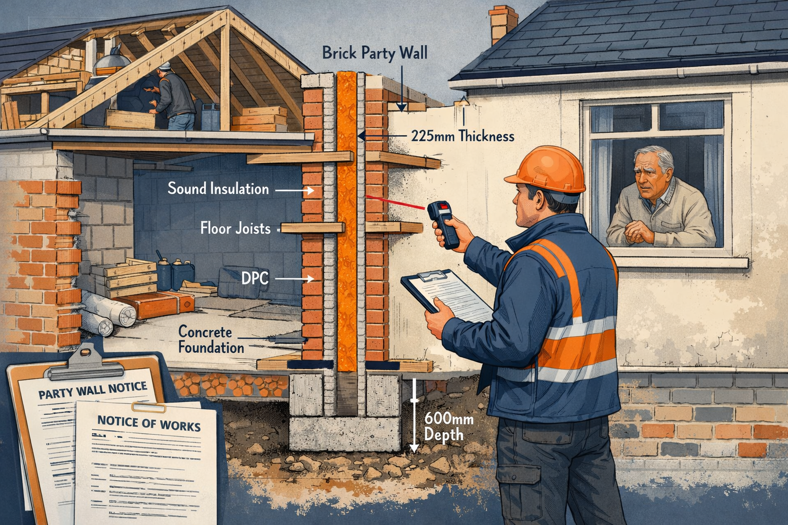 Landscape format (1536x1024) detailed illustration showing a professional party wall surveyor conducting an inspection between two semi-deta