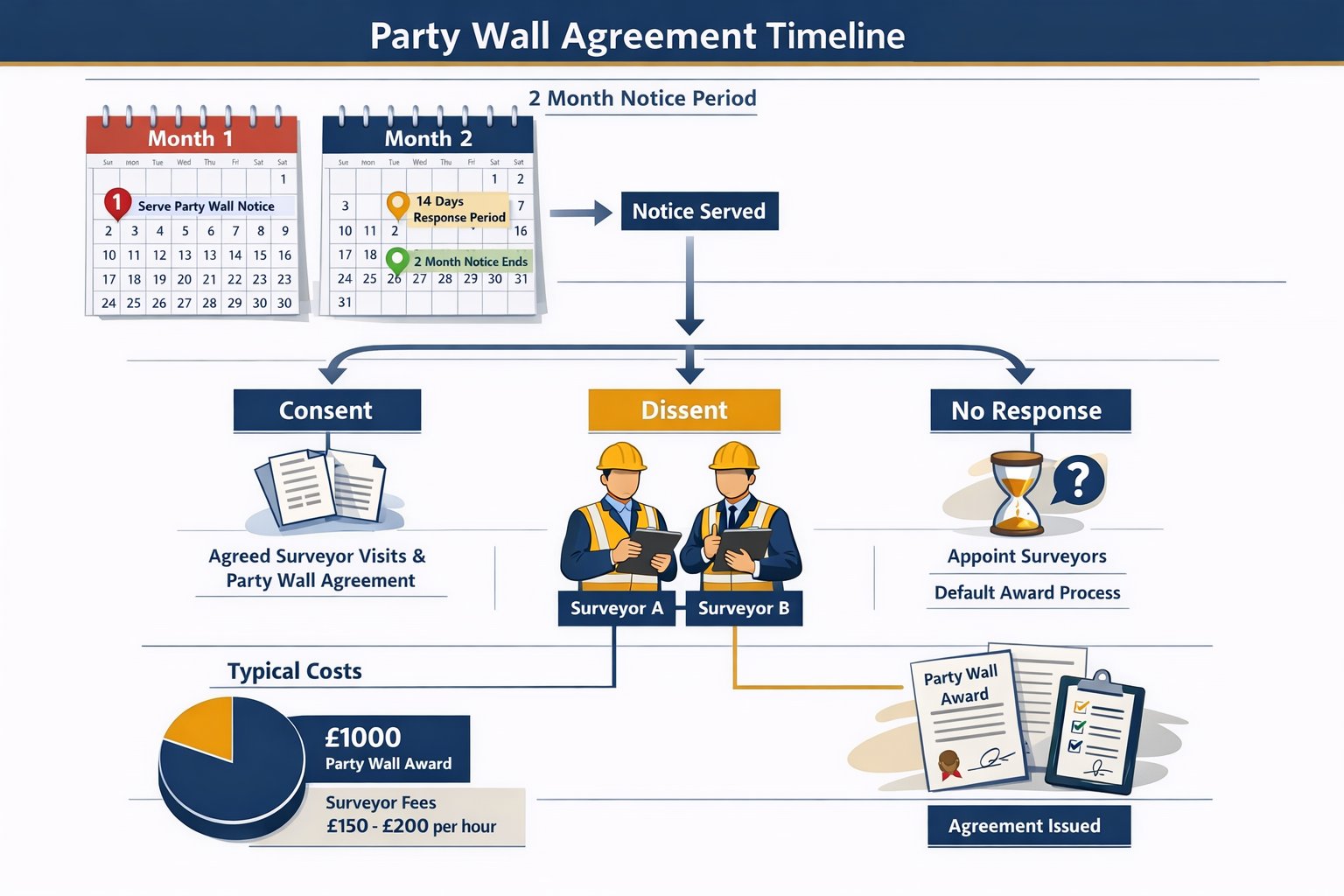 Landscape format (1536x1024) infographic-style visualization showing the party wall agreement timeline and process flow, calendar pages show