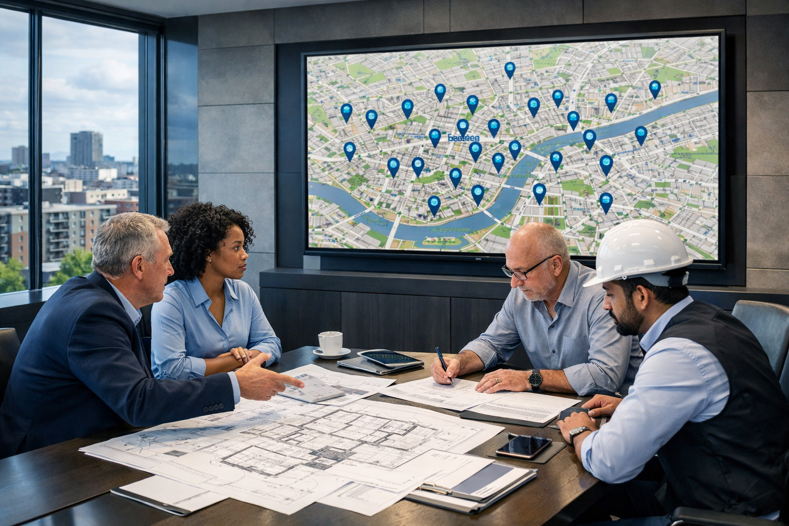 Landscape format (1536x1024) wide-angle photograph of a modern institutional landlord portfolio meeting room, large wall-mounted screen disp