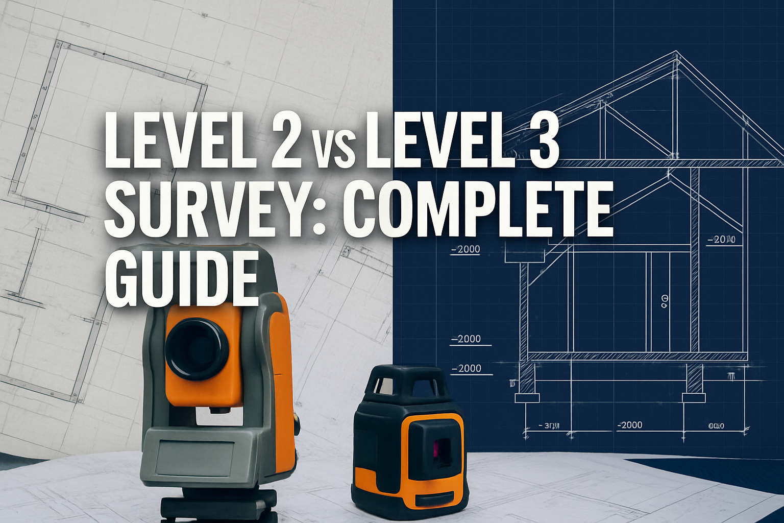 Professional landscape hero image (1536x1024) featuring bold text overlay 'Level 2 vs Level 3 Survey: Complete Guide' in extra large 72pt wh