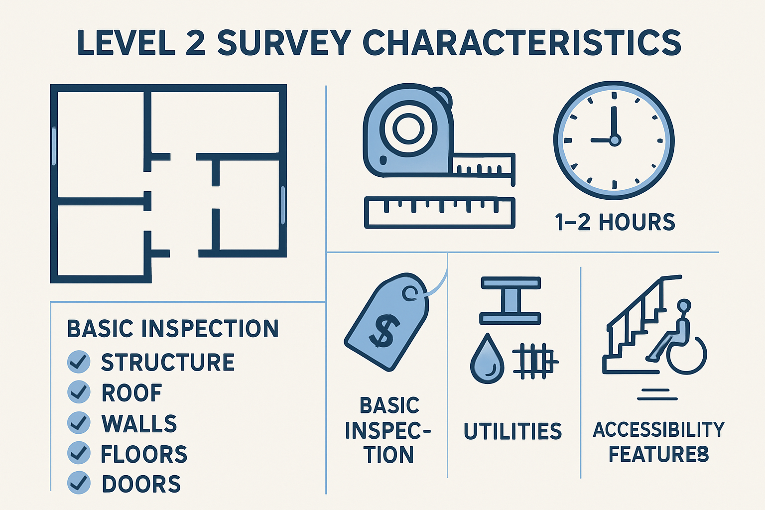 Detailed infographic showing Level 2 survey characteristics with visual elements including basic floor plan outline, simple measurement tool