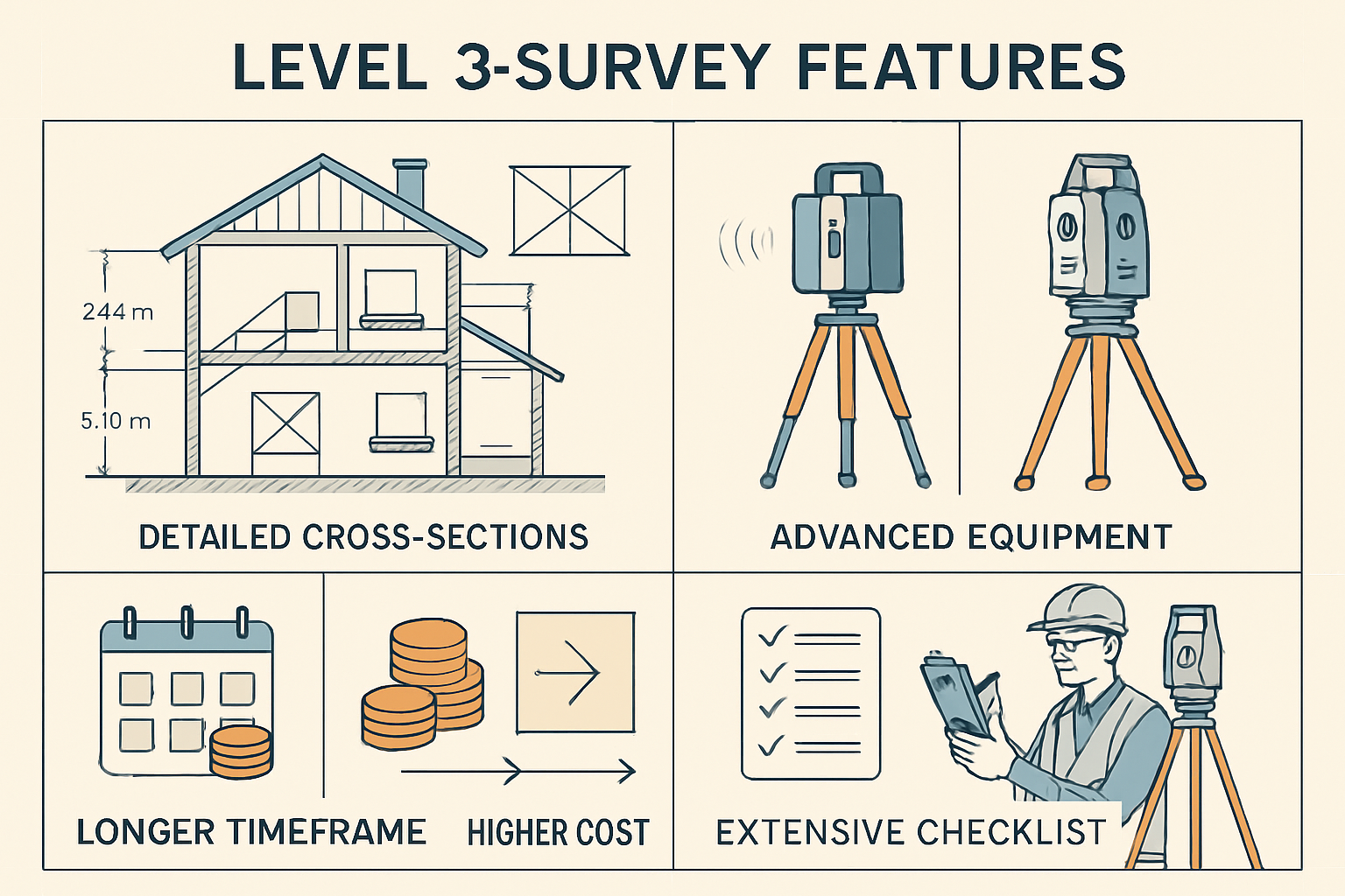 Comprehensive visual comparison chart displaying Level 3 survey features including detailed architectural cross-sections, advanced surveying