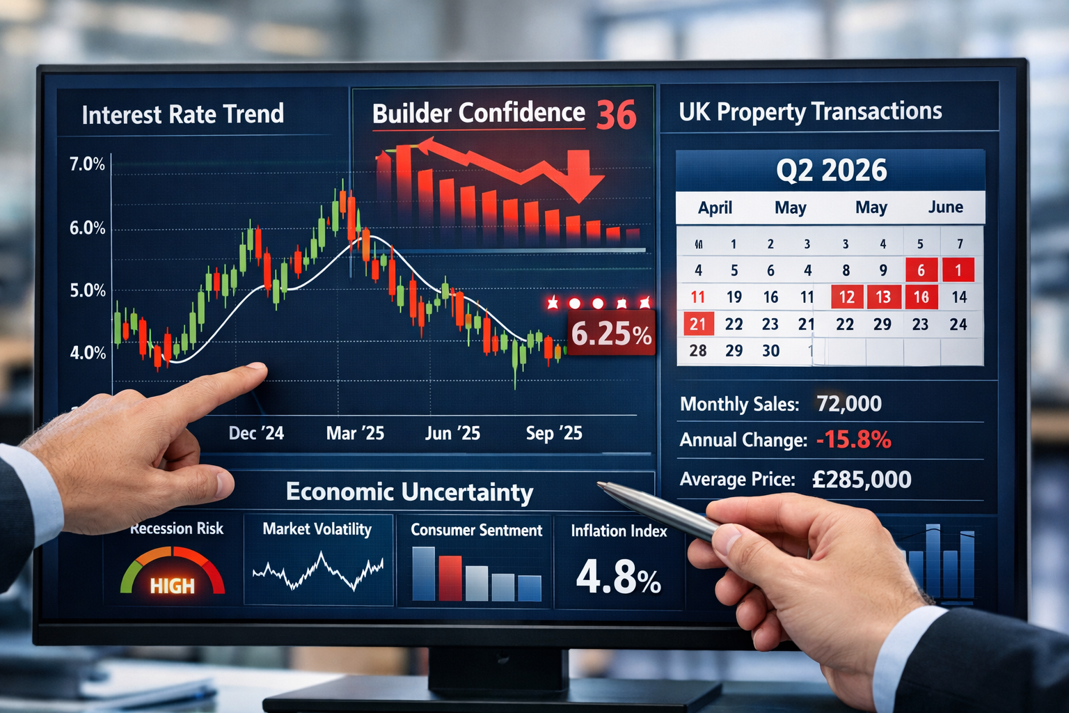 () editorial image showing detailed economic dashboard display on large monitor screen with multiple data visualizations: