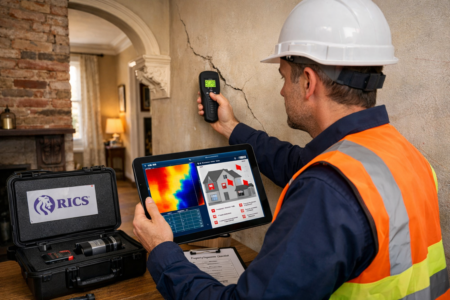 () professional scene showing building surveyor conducting detailed property inspection inside residential home, wearing