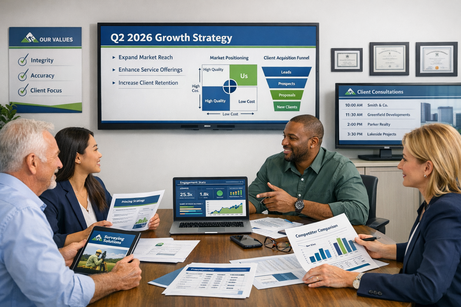 () strategic business planning scene showing modern surveying firm office with team collaboration: large wall-mounted screen