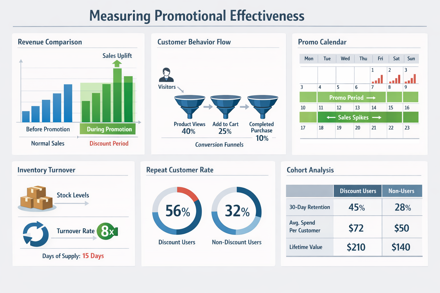 Landscape format (1536x1024) detailed infographic illustration showing multiple measurement methods for tracking promotional effectiveness, 