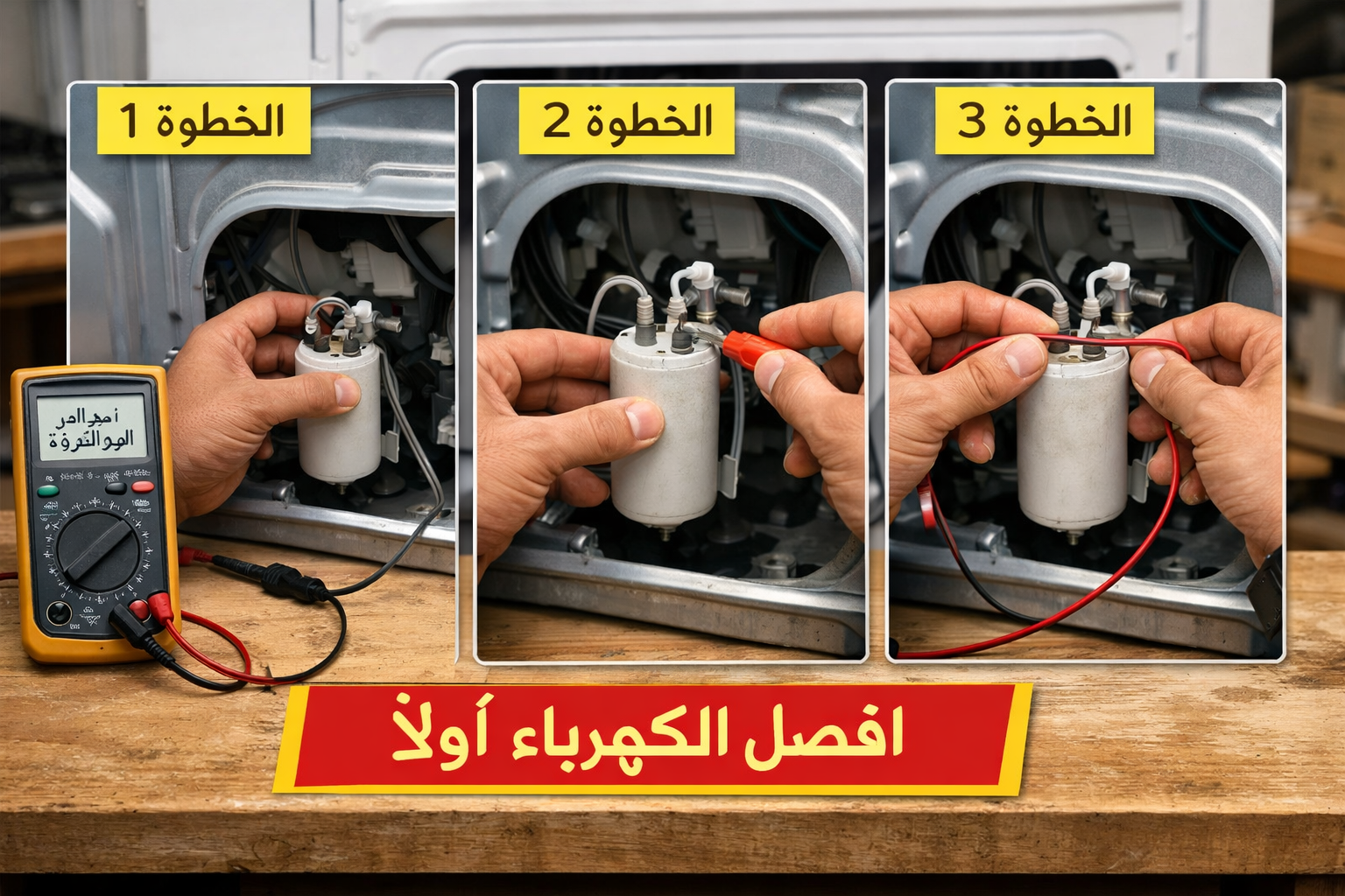 () step-by-step visual guide showing a technician's hands safely discharging a washing machine capacitor using a screwdriver