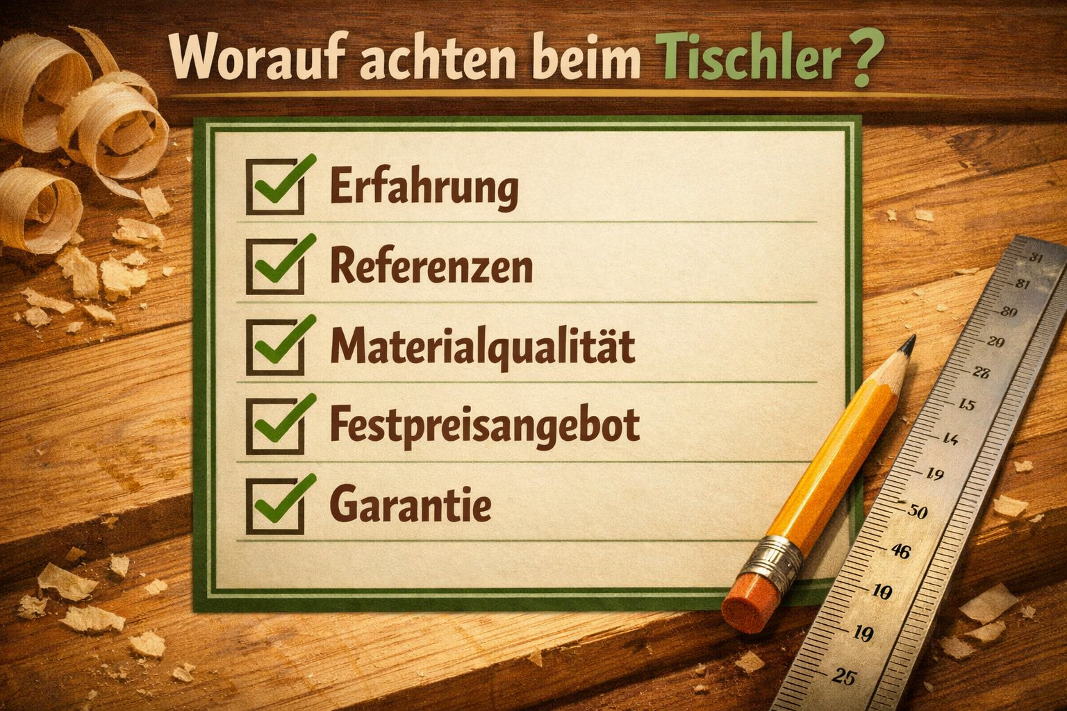 () illustration showing a detailed checklist titled 'Worauf achten beim Tischler?' with five checkboxes: Erfahrung,