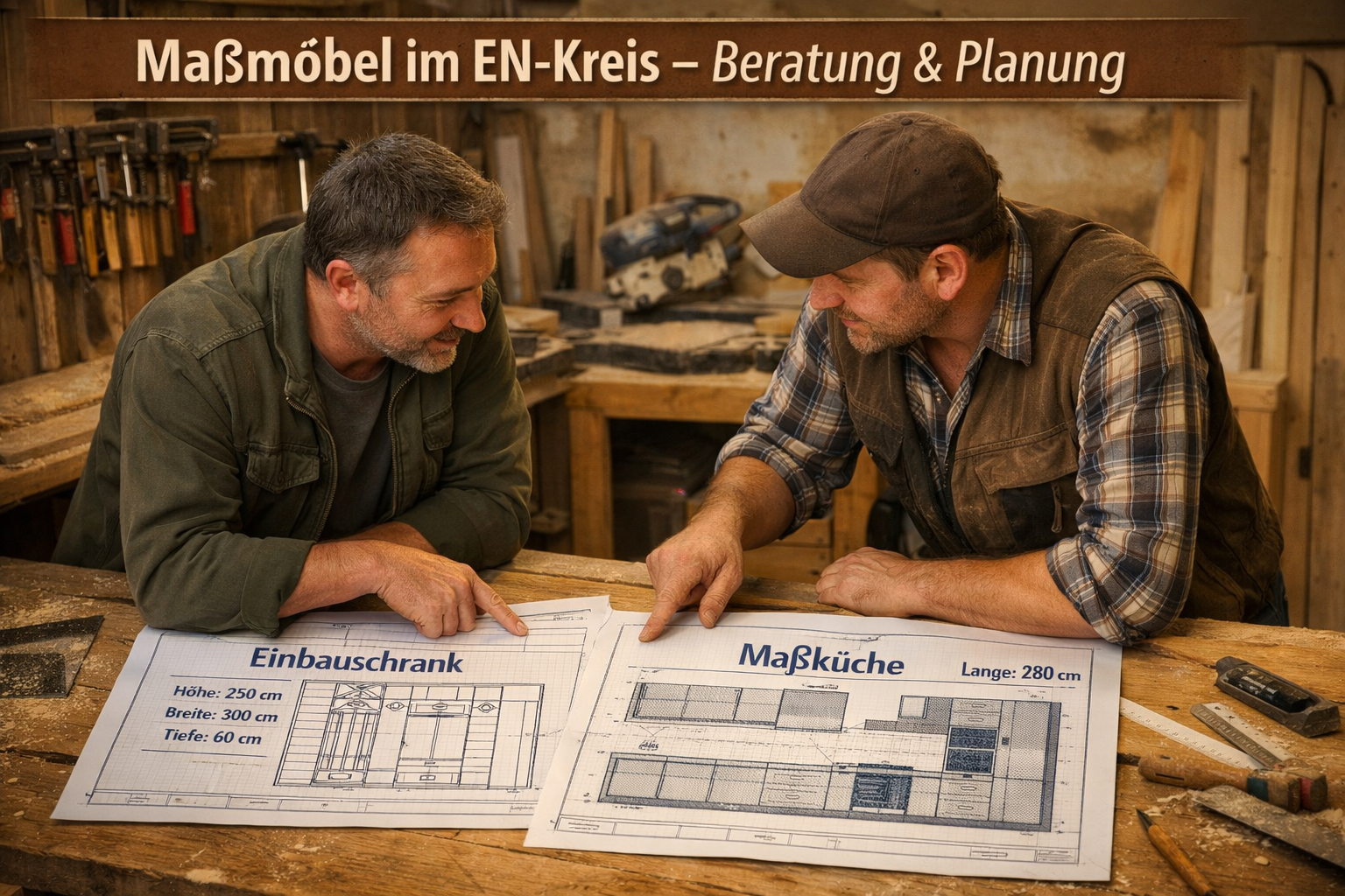 () scene showing a customer and a skilled Tischler reviewing custom furniture blueprints at a wooden workshop table in