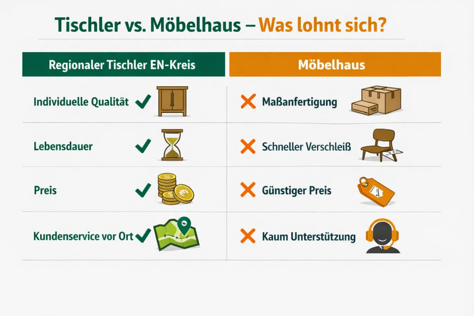 () comparison table graphic titled 'Tischler vs. Möbelhaus – Was lohnt sich?' with two columns showing icons for custom