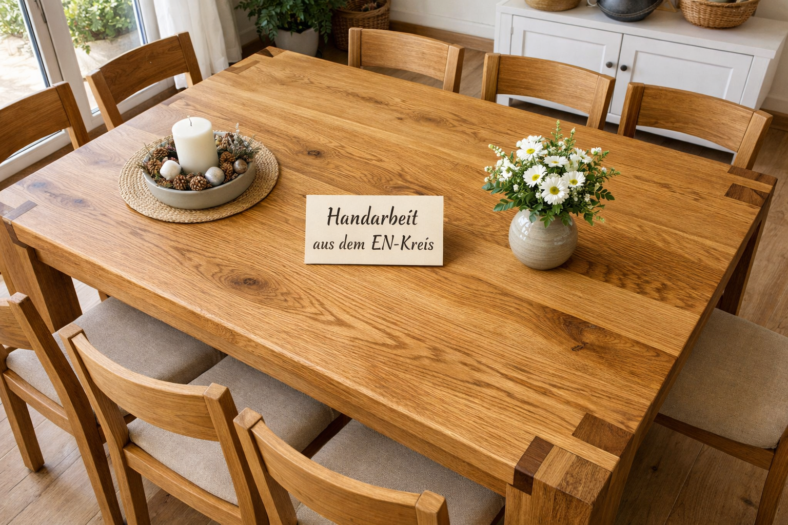 () bird's-eye view of a beautifully finished custom wooden dining table surrounded by matching chairs in a bright German
