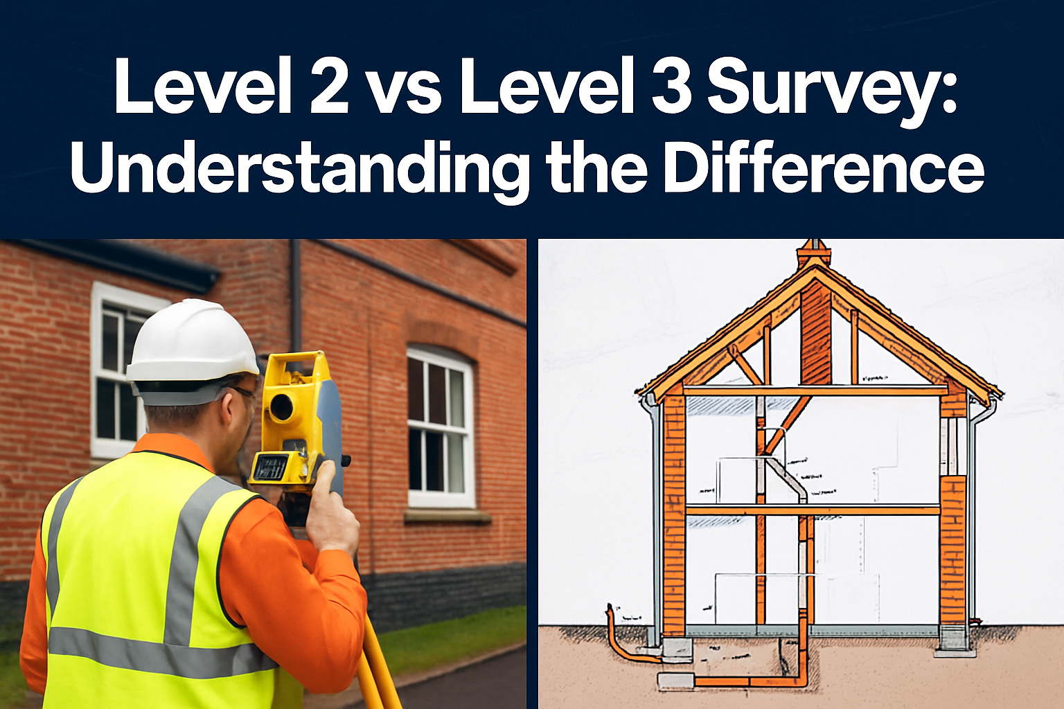 Professional landscape hero image (1536x1024) featuring bold text overlay 'Level 2 vs Level 3 Survey: Understanding the Difference' in extra