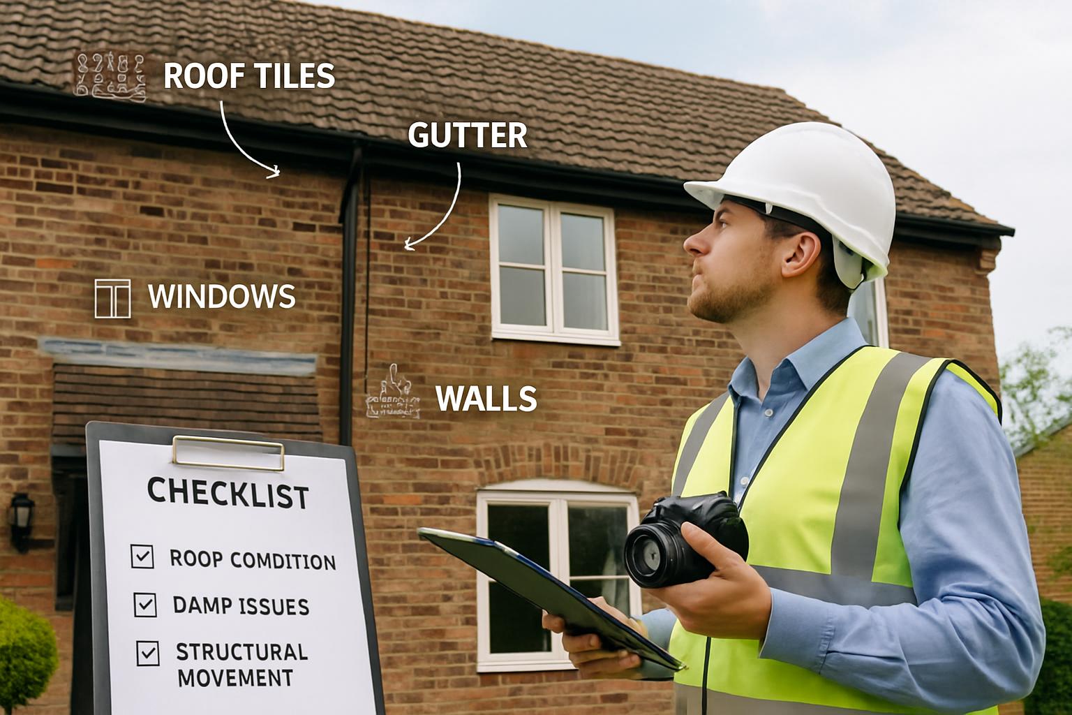 Detailed editorial landscape image (1536x1024) showing professional building surveyor in safety vest and hard hat conducting external visual