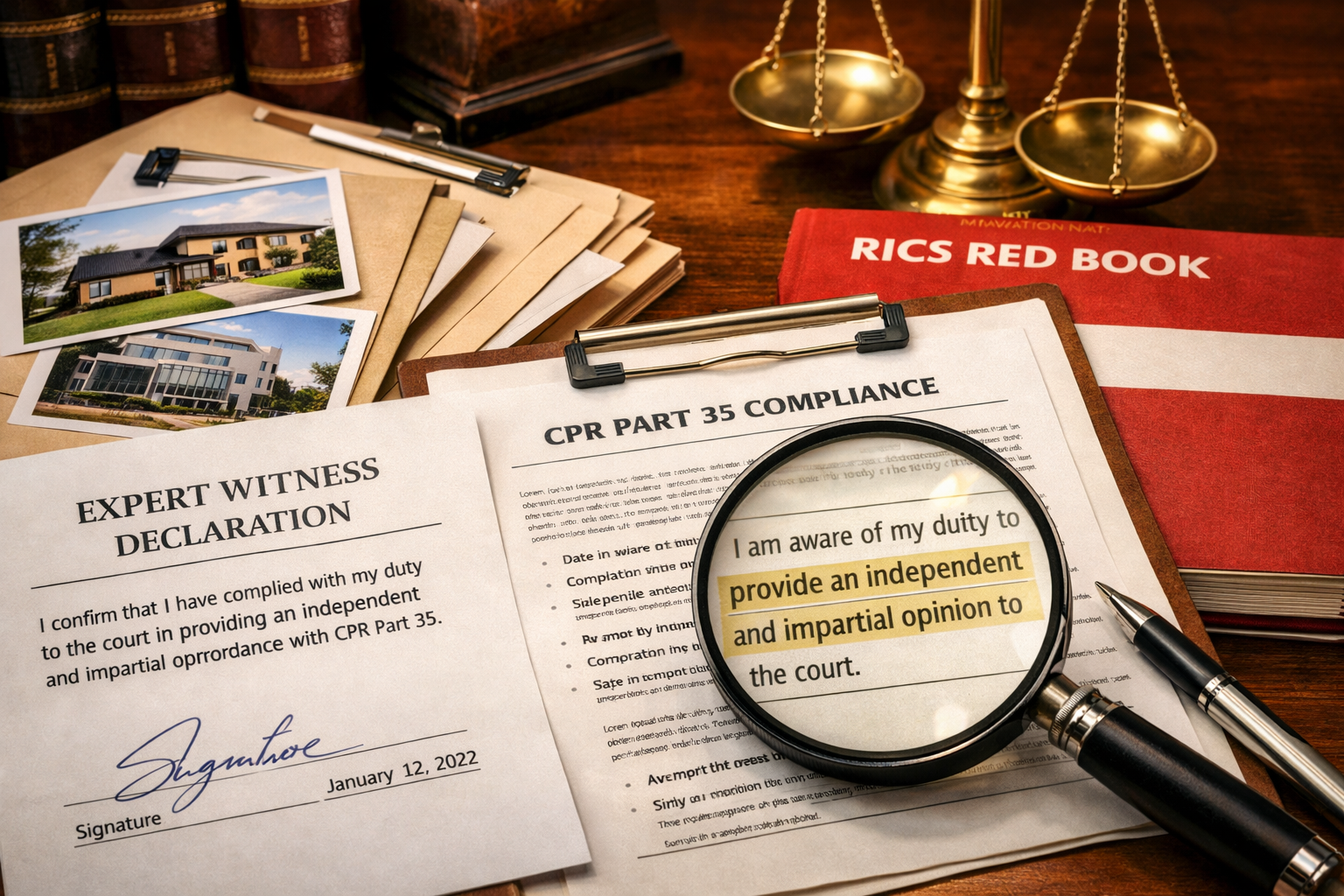() editorial image showing detailed close-up of CPR Part 35 compliance documentation with RICS Red Book valuation report,
