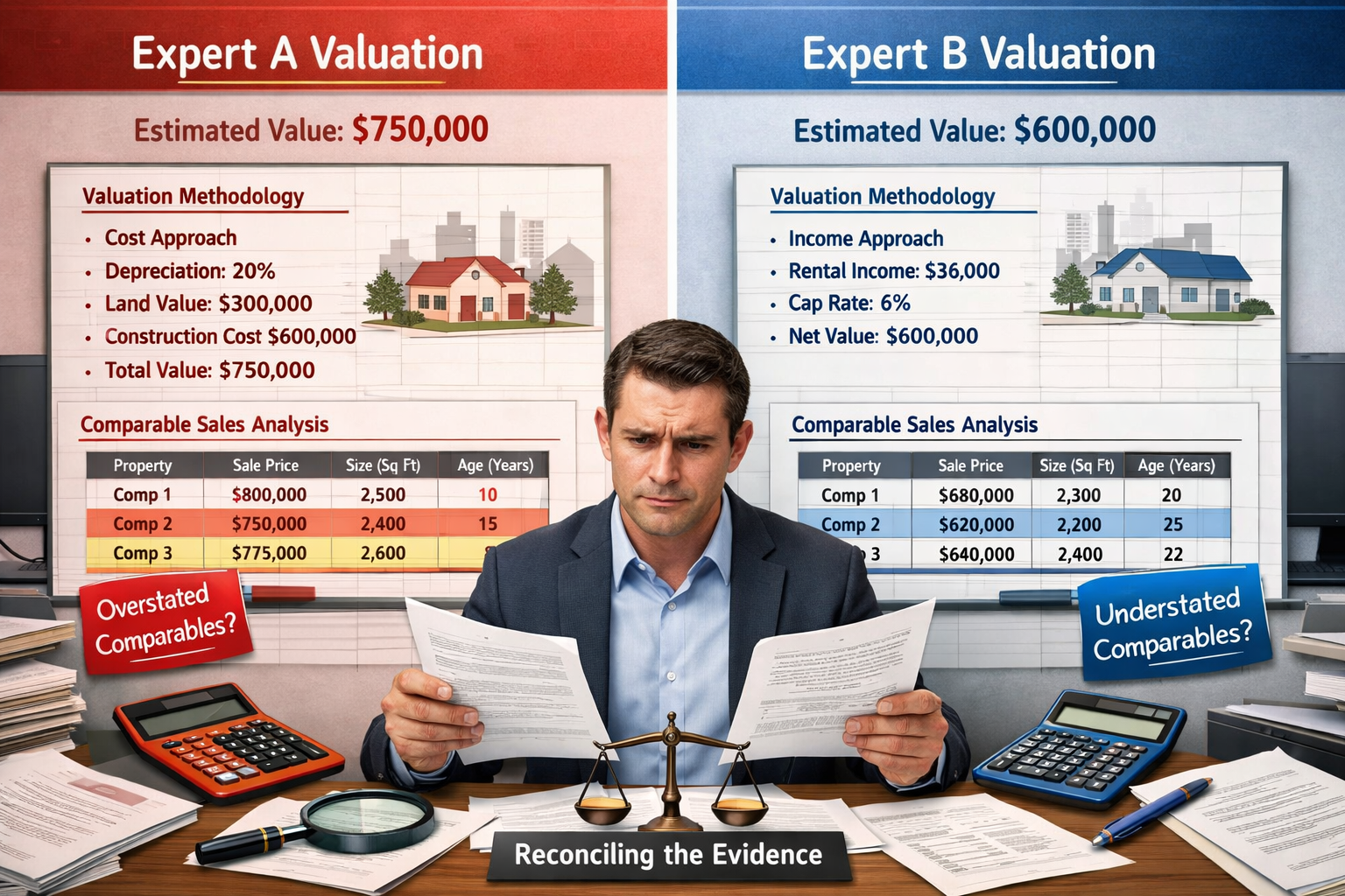 () infographic-style image displaying split-screen comparison of two conflicting property valuations side by side, detailed