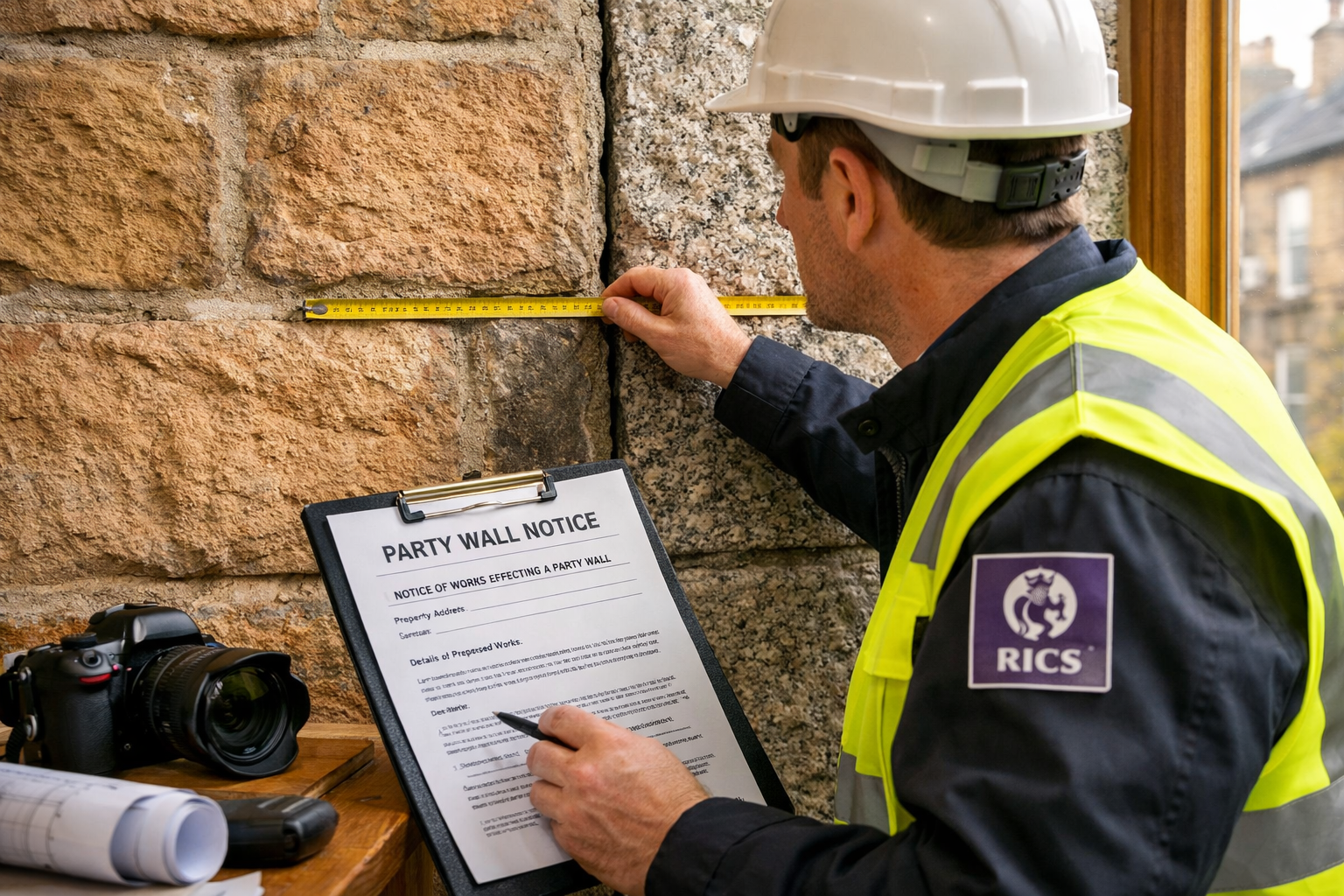 Detailed () image showing close-up professional surveyor in hard hat and high-visibility vest examining shared wall between