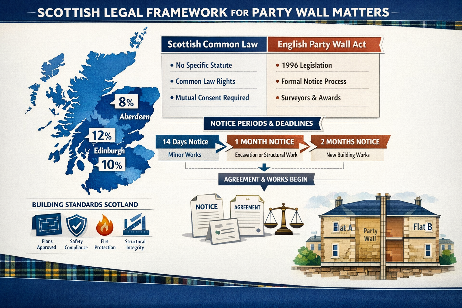 Detailed () infographic-style image displaying Scottish legal framework for party wall matters with visual hierarchy: large