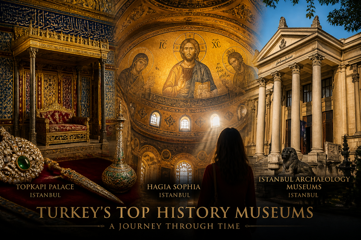 Detailed () editorial photo-style illustration showing a collage of Turkey's top history museums: Topkapi Palace throne room