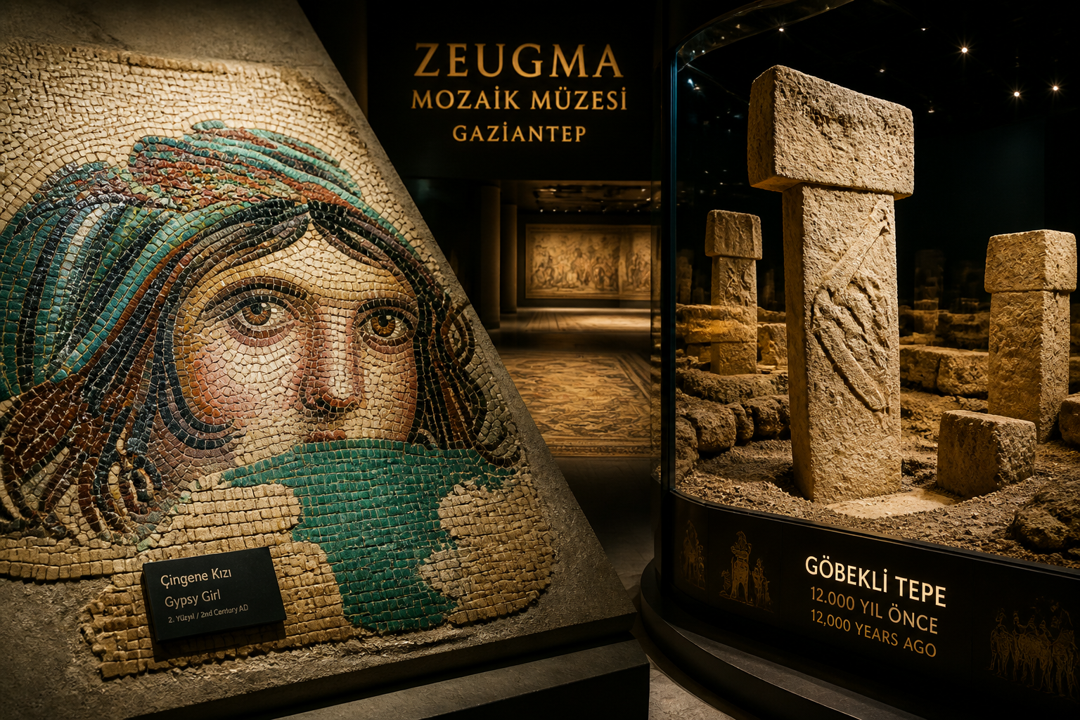 Detailed () showing the Zeugma Mosaic Museum in Gaziantep with a close-up aerial view of the famous Gypsy Girl mosaic in