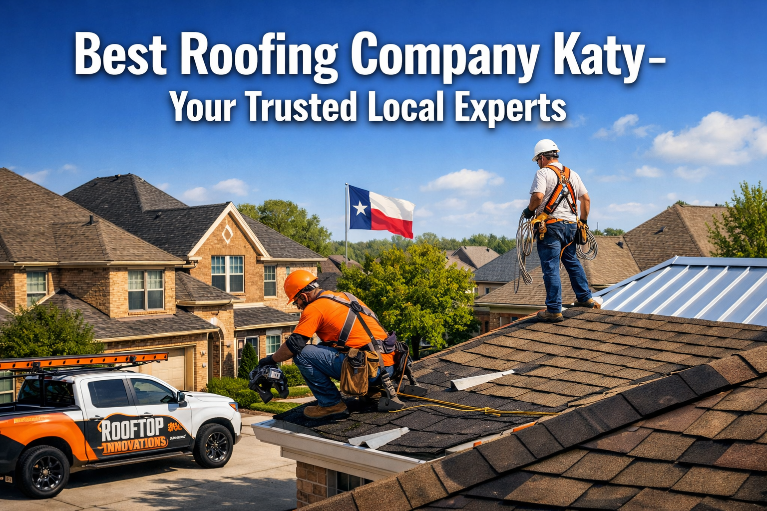 Professional landscape hero image (1536x1024) featuring bold text overlay 'Best Roofing Company Katy - Your Trusted Local Experts' in extra 