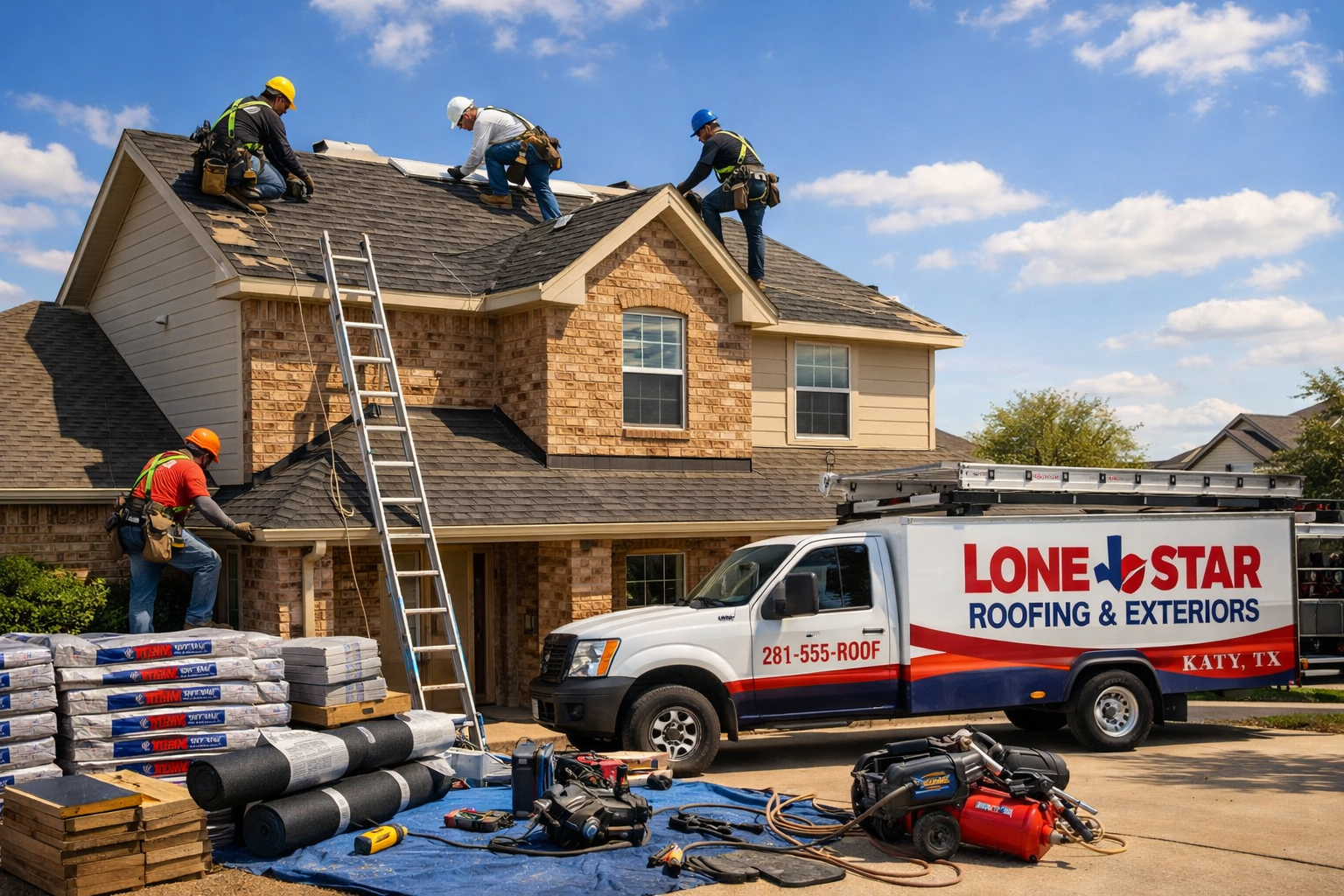 Professional roofing crew installing new asphalt shingles on a two-story Katy Texas home, workers in safety harnesses and hard hats, ladder 