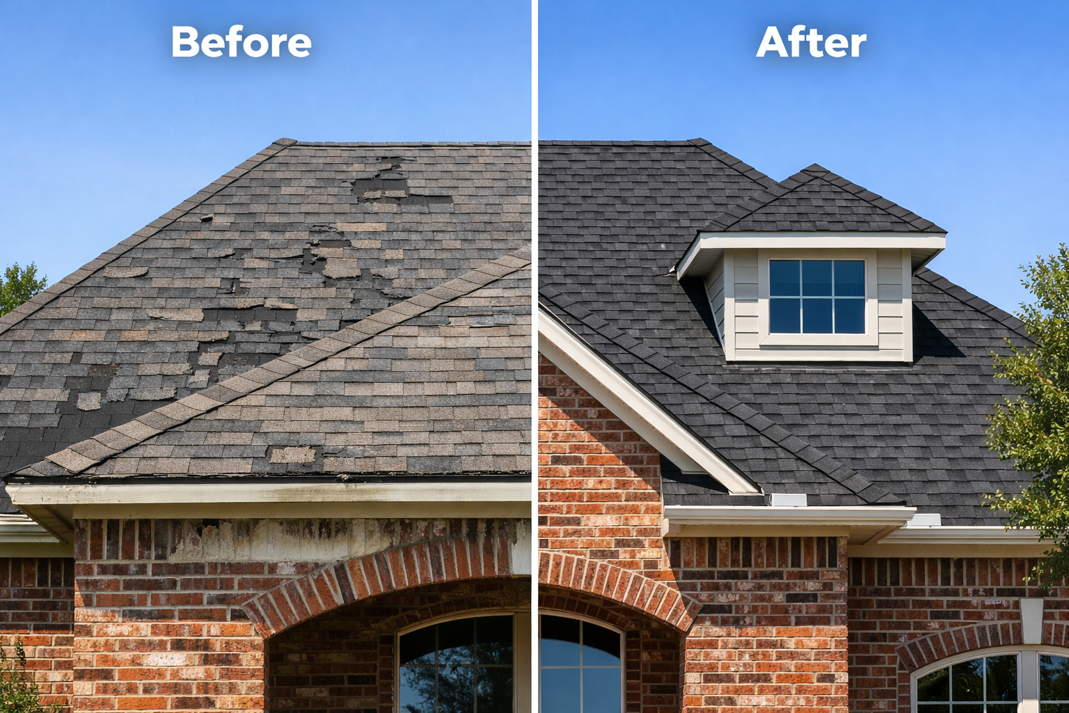 Split-screen comparison showing damaged roof with missing shingles, water stains, and wear on left side versus beautifully restored roof wit