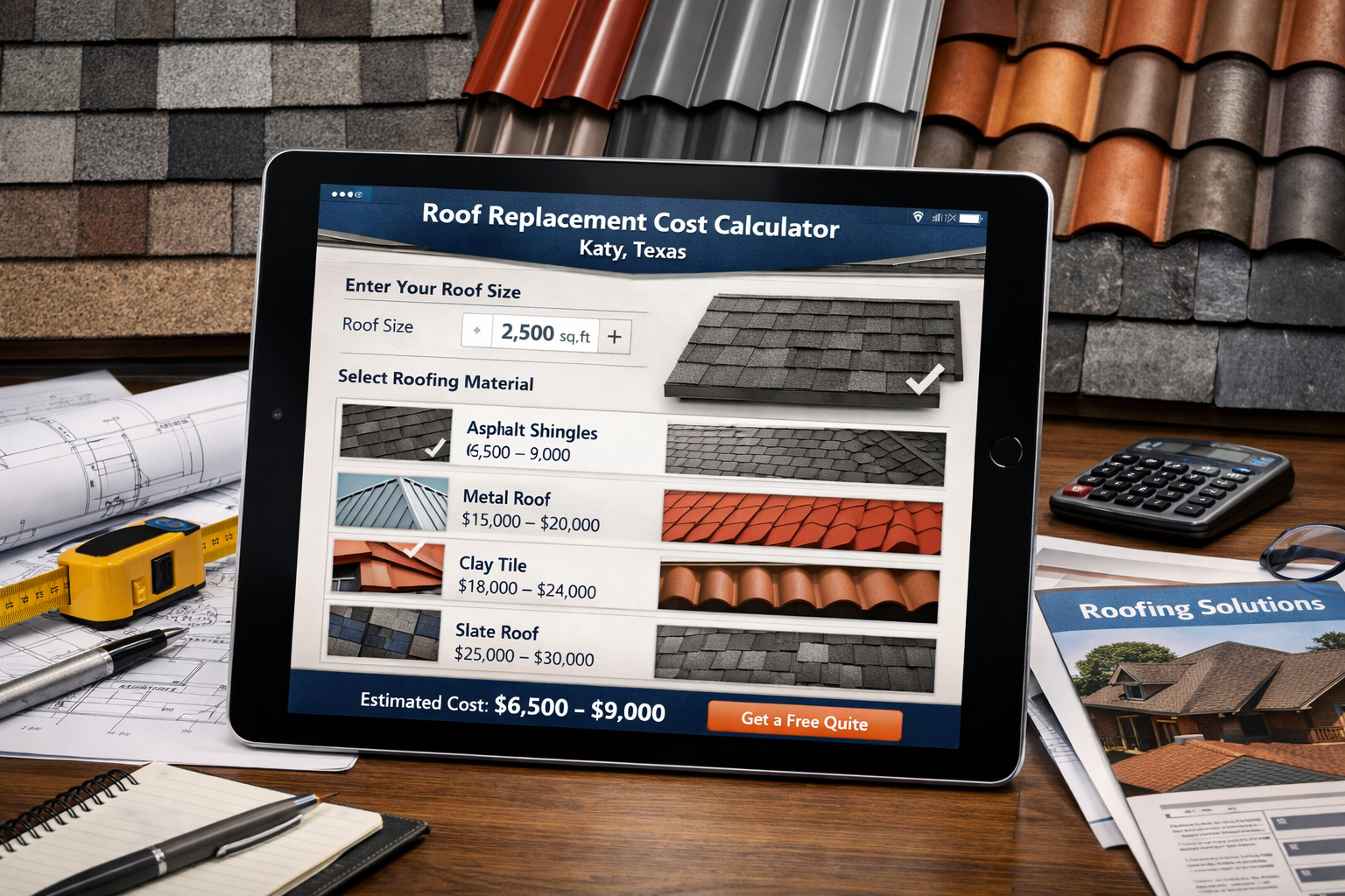 Interactive pricing calculator interface displayed on tablet screen showing roof replacement costs for different materials in Katy Texas, ba