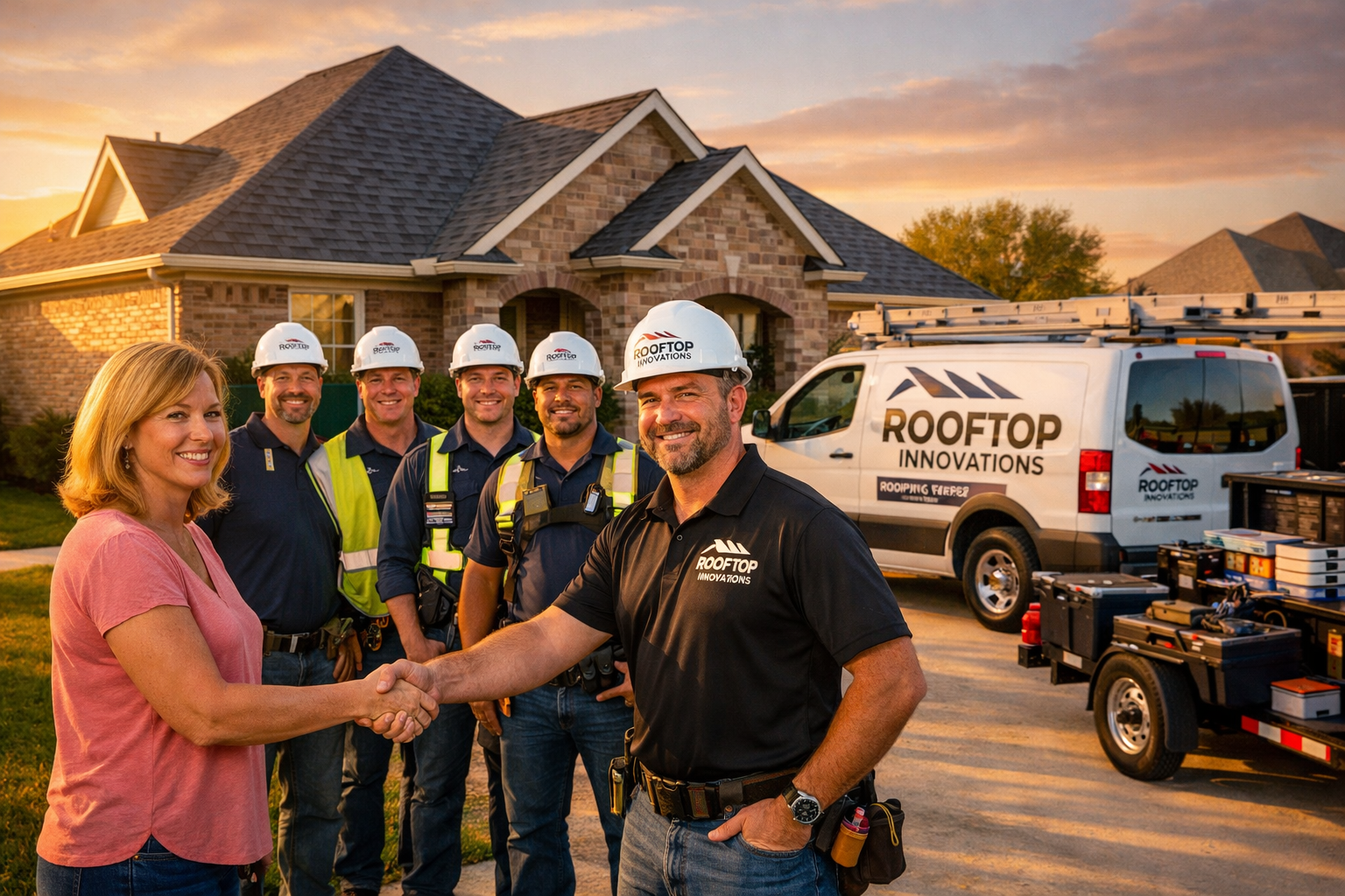 Rooftop Innovations team of certified roofing professionals standing proudly in front of completed residential project in Katy Texas, wearin
