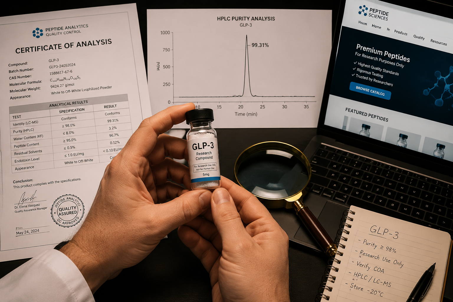 Detailed () showing a close-up overhead shot of a researcher's hands holding a peptide vial labeled 'GLP-3 Research