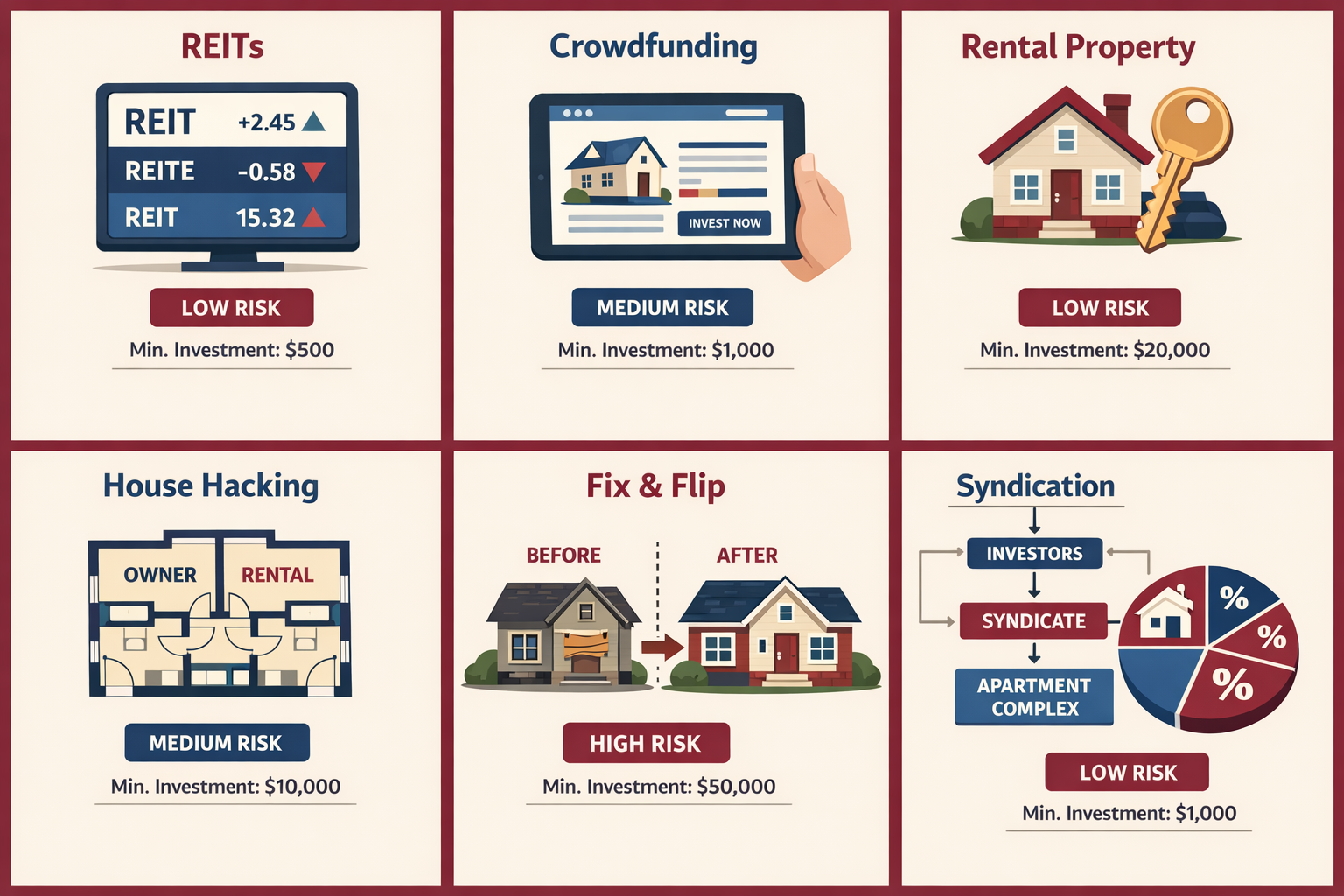 () visual comparison grid showing 7 real estate investment strategy icons arranged in a clean infographic layout: REIT stock