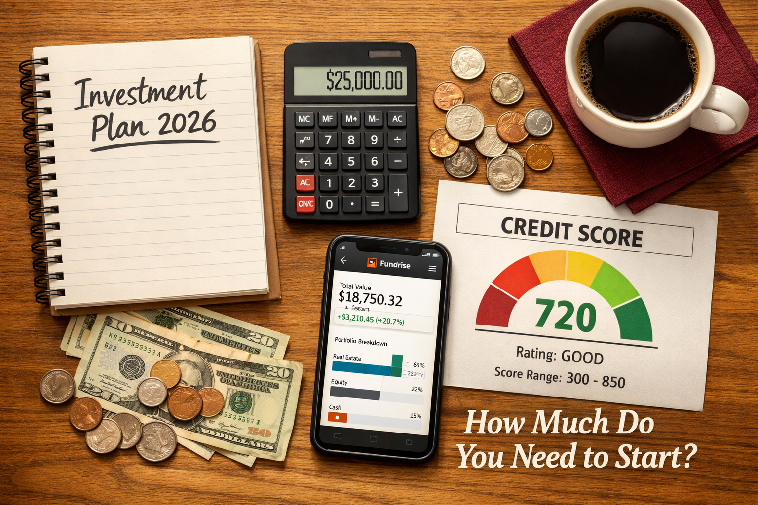 () flat-lay financial planning scene shot from directly above: a wooden desk surface with a spiral notebook labeled