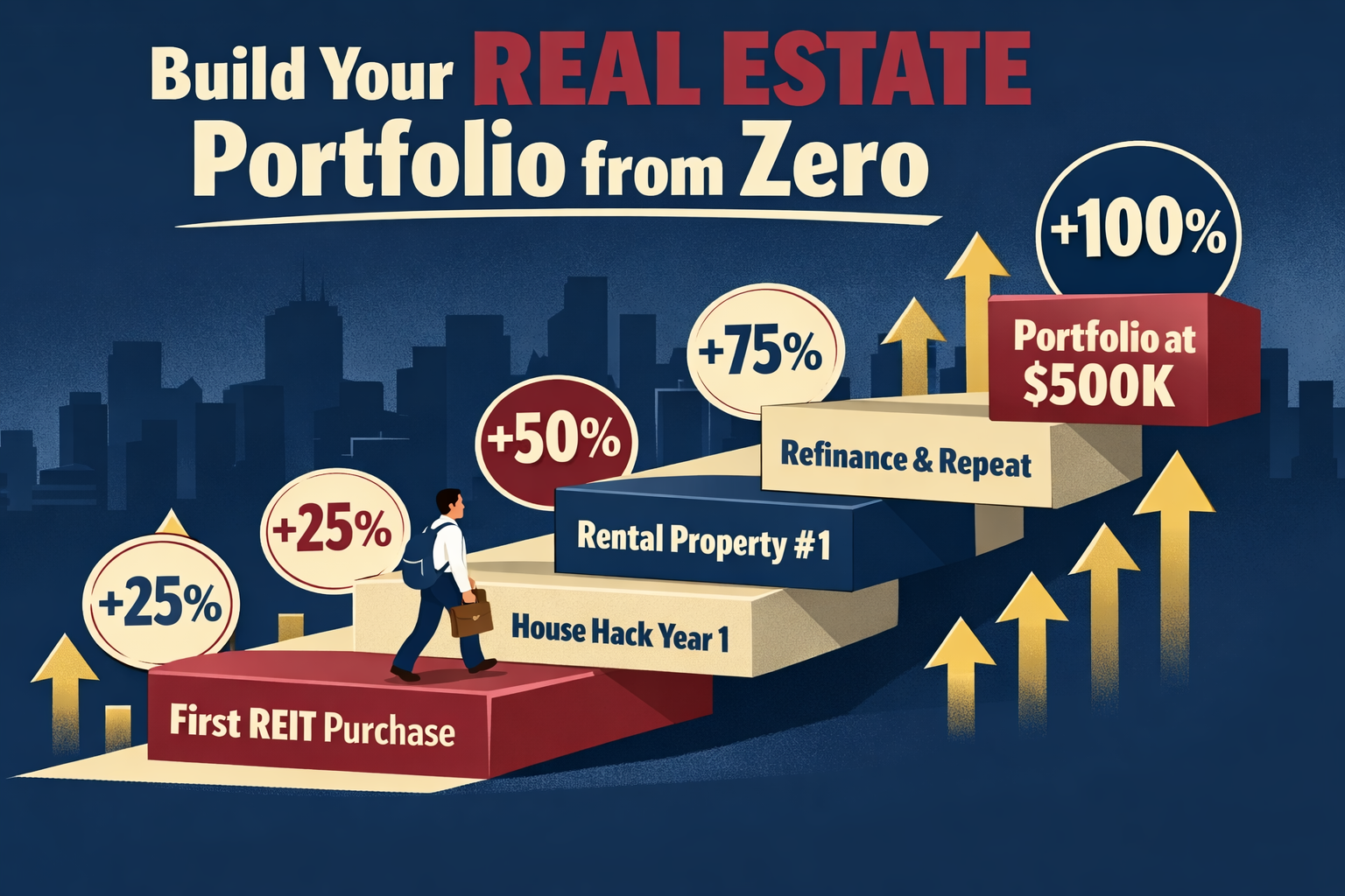 () showing a dynamic portfolio growth visualization: a 3D staircase graphic rising from left to right, each step labeled