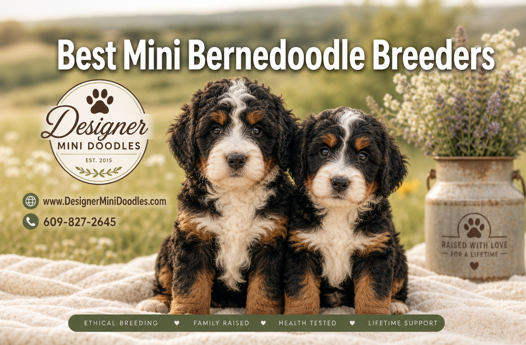 Professional () hero image with 'Best Mini Bernedoodle Breeders' in white with subtle dark , centered in upper third.