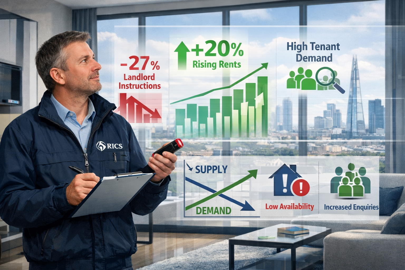 Detailed () editorial illustration showing RICS surveyor conducting rental property valuation assessment inside modern UK
