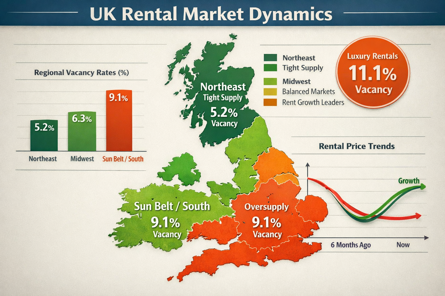 Detailed () data visualization showing UK rental market dynamics map with regional variation. Large UK map as centerpiece