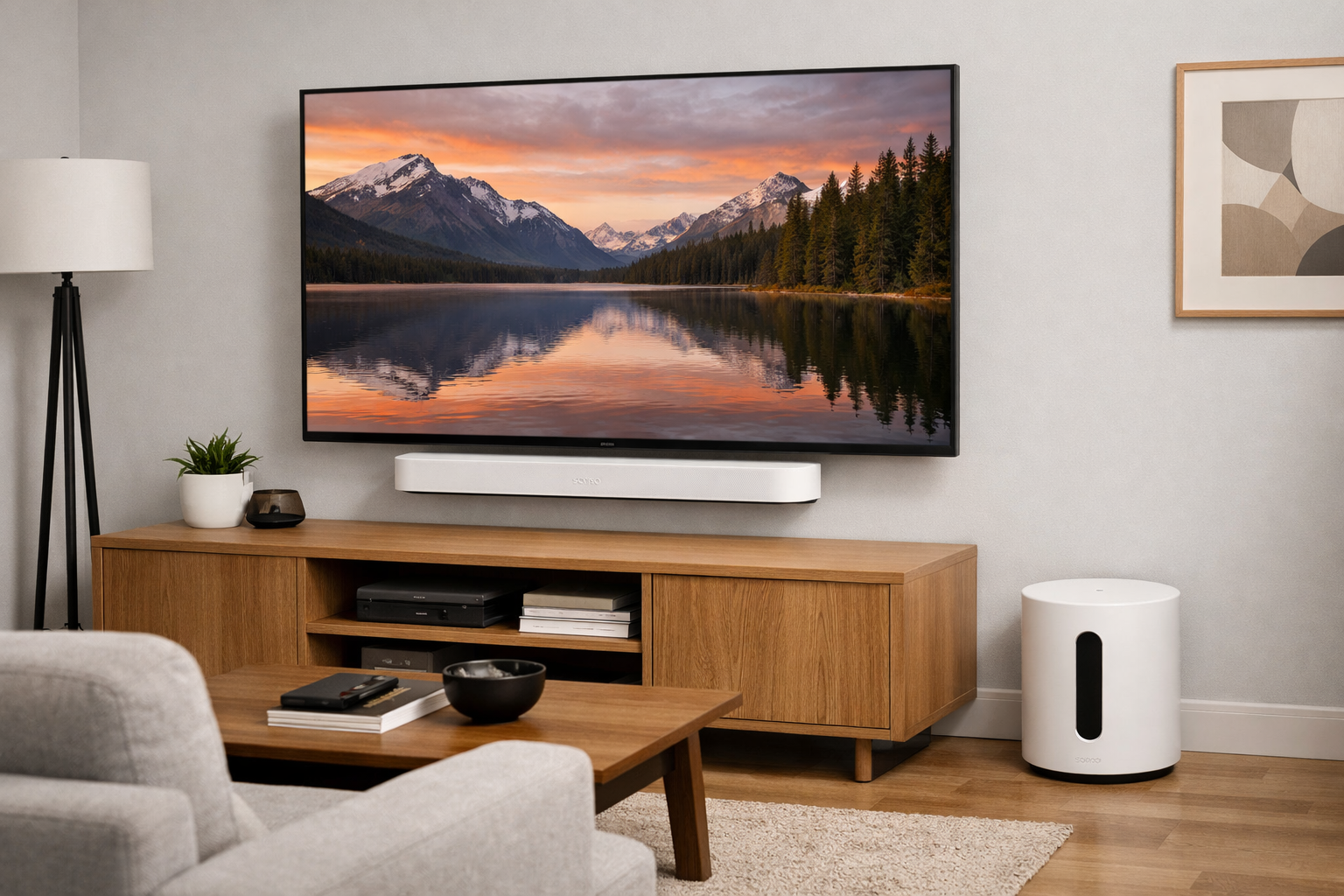 professional photo of complete Sonos home theater setup showing Beam Gen 2 mounted under TV with Sub Mini positioned in corner, demonstratin