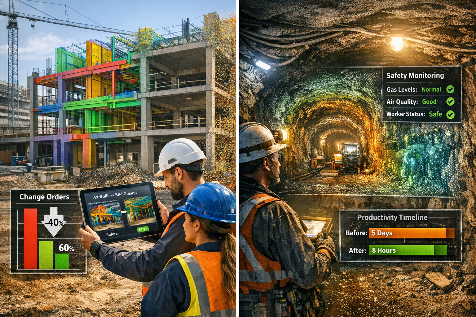 Landscape format (1536x1024) split-screen comparison showing construction and mining applications: left half displays construction site with