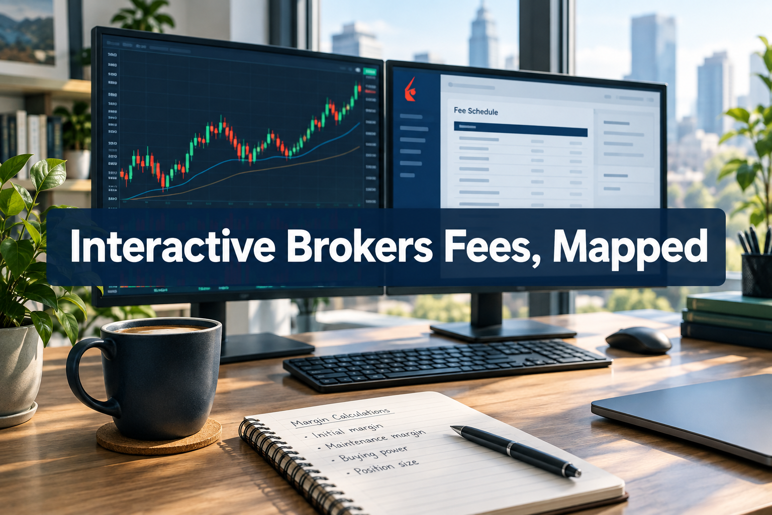 Professional () hero image with SHORT (≤42 chars): 'Interactive Brokers Fees, Mapped', white on a dark navy semi-transparent