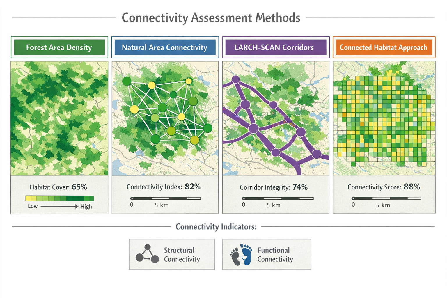 () detailed infographic showing multiple connectivity assessment methods side-by-side: Forest Area Density heat map in green