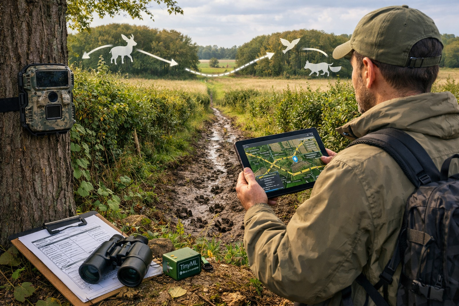 () field survey scene showing biodiversity surveyor using tablet with GPS tracking software overlaid on landscape, standing
