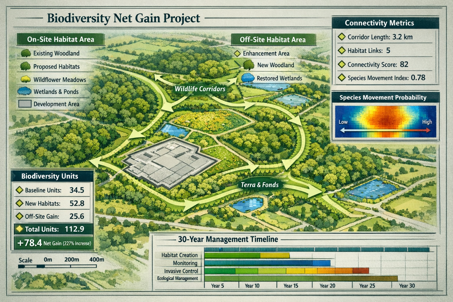 () strategic planning visualization showing biodiversity net gain site layout with on-site and off-site habitat creation