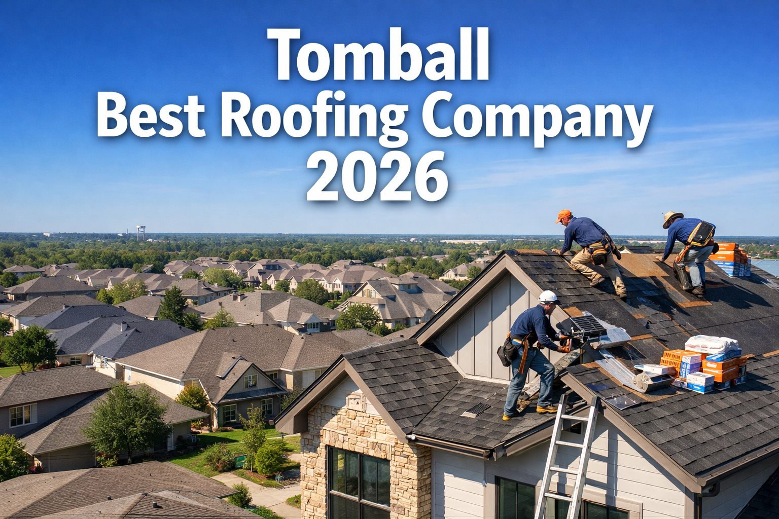 Professional landscape hero image (1536x1024) featuring bold text overlay 'Tomball Best Roofing Company 2026' in extra large 72pt white sans