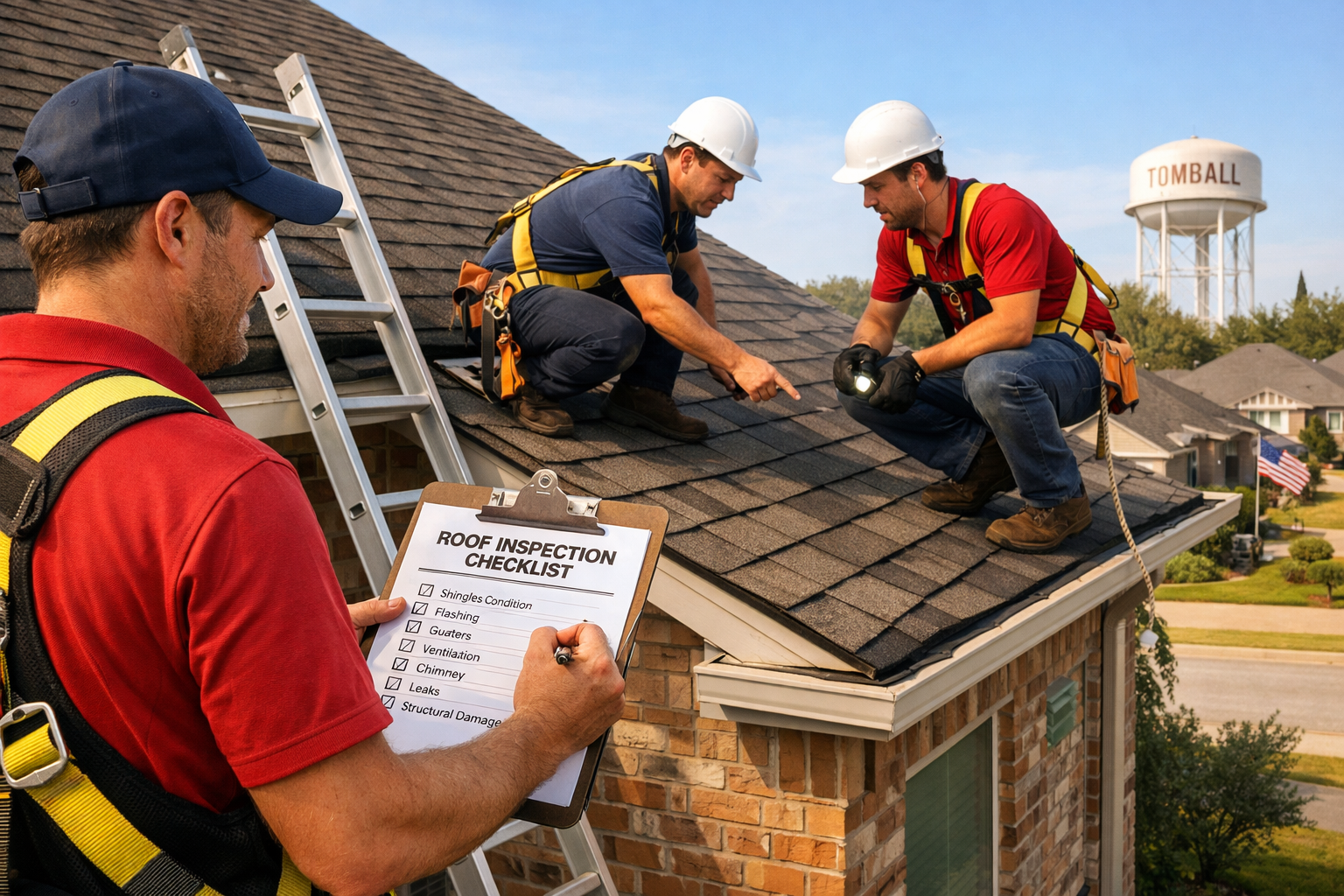 High-quality landscape image (1536x1024) showing professional roofing contractors in Tomball performing roof inspection on residential home,