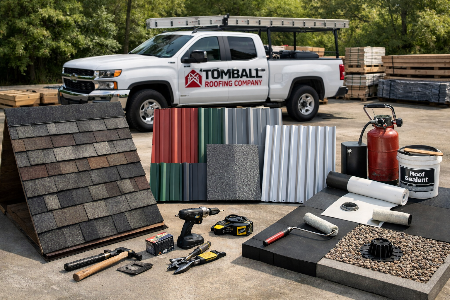 Professional landscape image (1536x1024) displaying various roofing materials and services comparison - asphalt shingles, metal roofing pane