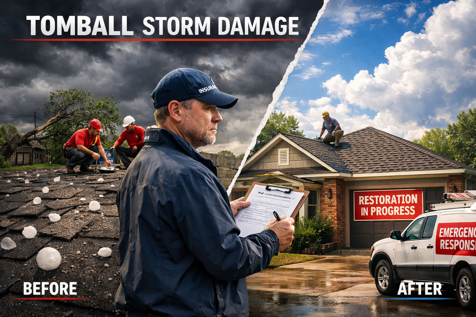Dramatic landscape image (1536x1024) showing storm damage assessment in Tomball area, professional roofing team examining hail-damaged roof,