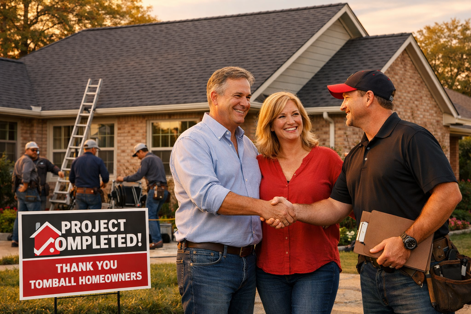 Landscape image (1536x1024) featuring satisfied Tomball homeowners standing in front of newly completed roof replacement, roofing crew packi