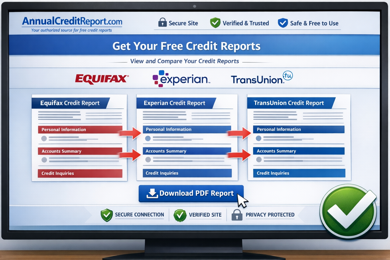 Landscape format (1536x1024) detailed illustration showing a computer screen displaying the AnnualCreditReport.com website interface with th